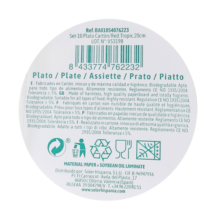 Algon Set 10 Platos Carton Redondo Tropic 20 cm (24 Unidades)