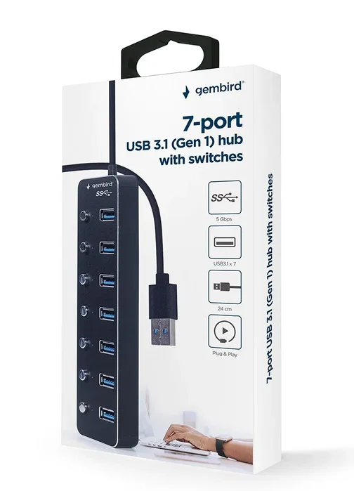 Gembird Hub 7 puertos USB 3.1 Gen 1 con interruptores Negro UHB-U3P7P-01