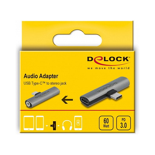 DeLOCK Adaptador de Audio USB Type-C a Jack Estéreo y USB Type-C PD Gris