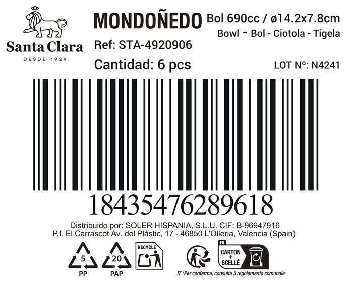 Inde Bol 690Cc "Mondoñedo", Col.Surt.Sta, Bol 690 ml, 14.2x7.8 cm, 434 g (aprox.), Set Completo (6 Unidades)