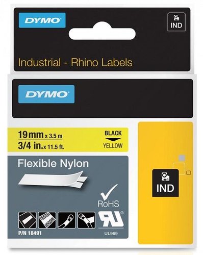 Dymo Rhino Cinta de Etiquetas de Nylon Flexible Negro sobre Amarillo 19mm x 3,5m Dymo Rhino Cinta de Etiquetas de Nylon Flexible Negro sobre Amarillo 19mm x 3,5m