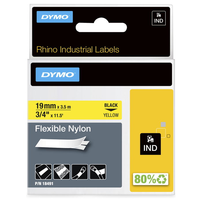 Dymo DYMO Rhino Cinta de Etiquetas de Nailon Flexible 19 mm x 3,5 m Negro sobre Amarillo Dymo DYMO Rhino Cinta de Etiquetas de Nailon Flexible 19 mm x 3,5 m Negro sobre Amarillo