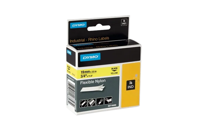Dymo Rhino Cinta de Etiquetas de Nylon Flexible Negro sobre Amarillo 19mm x 3,5m Dymo Rhino Cinta de Etiquetas de Nylon Flexible Negro sobre Amarillo 19mm x 3,5m