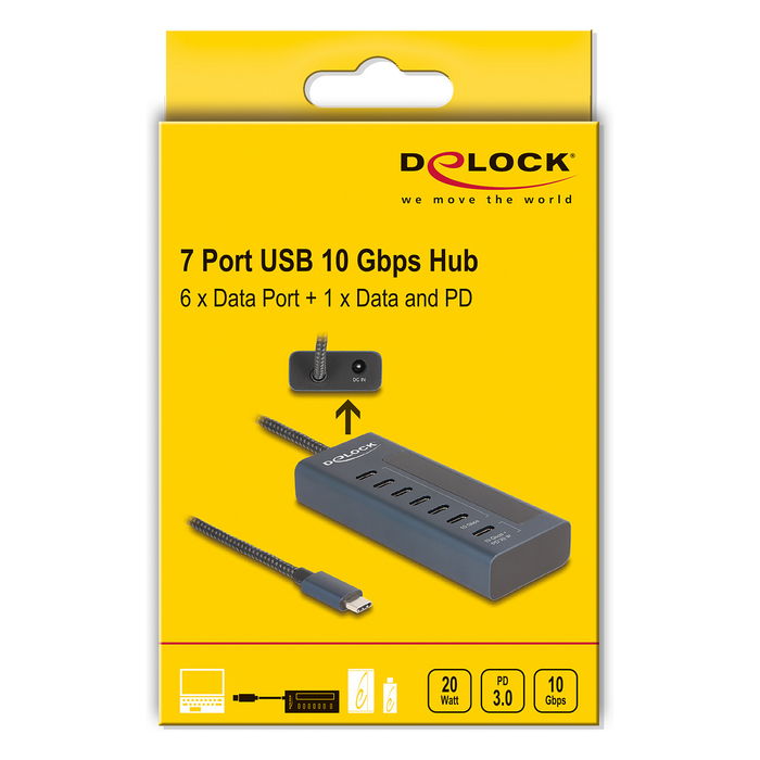 DeLOCK 64288 Hub USB 3.2 con 7 Puertos USB Type-C (6 Datos + 1 Datos/PD), USB-C a USB-C 10 Gbps, Power Delivery 20W, Indicador LED, Metal Azul DeLOCK 64288 Hub USB 3.2 con 7 Puertos USB Type-C (6 Datos + 1 Datos/PD), USB-C a USB-C 10 Gbps, Power Delivery 20W, Indicador LED, Metal Azul
