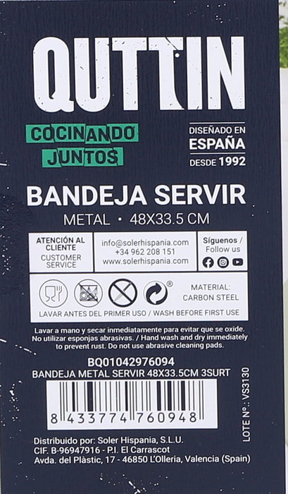 Quttin Bandeja Metal para Servir 48 cm x 33.5 cm (12 Unidades)