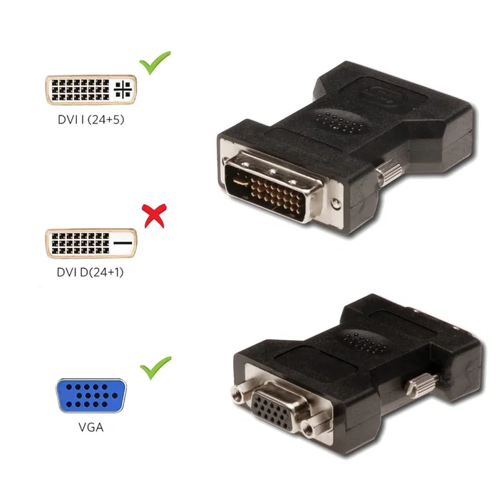 Ewent Adaptador DVI-I Macho a VGA Hembra EC1250 para Conectar Portátil con Puerto DVI a Monitor VGA, 24+5 Pines, Negro