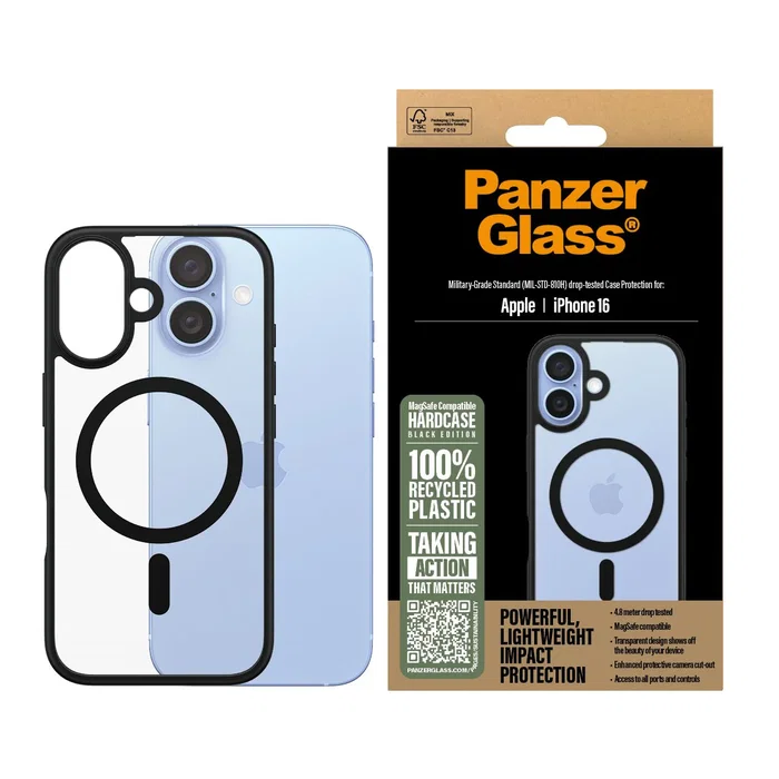 PanzerGlass® HardCase Transparent w. Black MagSafe & Frame iPhone 16, Funda Negra, MagSafe Compatible, Certificada MIL-STD-810H, Material 100% Reciclado