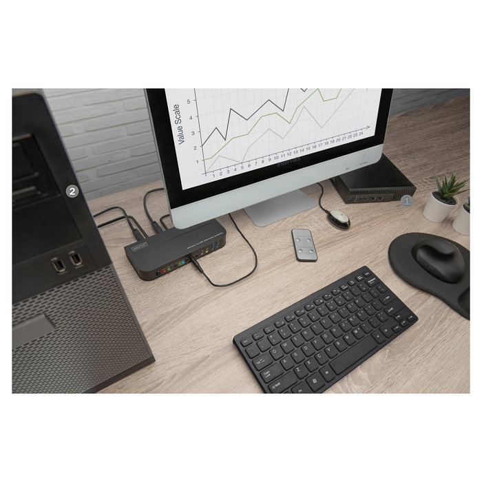 Digitus Conmutador KVM 2x1 HDMI, USB, 4K Ultra HD 4096x2160 a 60Hz, Negro, Incluye Control Remoto y Adaptador