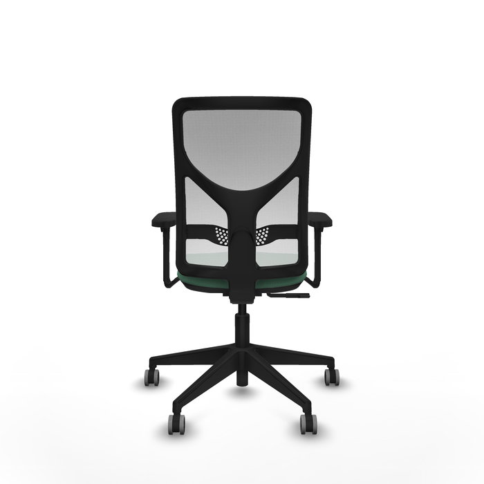 Silla de oficina Motilla con mecanismo Sincro tapizada con Tela color Verde esmeralda y malla color Blanco. Equipada con lumbar 1D, Brazos 3D y Ruedas 65 mm parqué