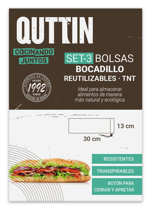 Quttin Set 3 Bolsas Bocadillo Reutilizables TNT 13 x 30 cm (36 Unidades) Quttin Set 3 Bolsas Bocadillo Reutilizables TNT 13 x 30 cm (36 Unidades)