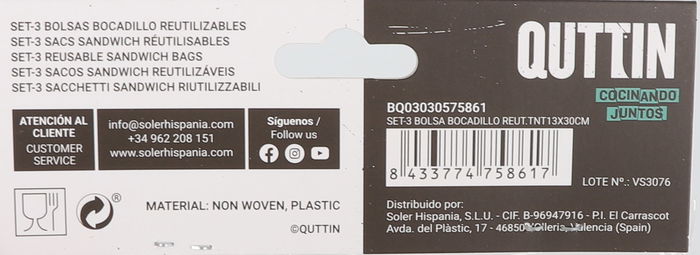 Quttin Set 3 Bolsas Bocadillo Reutilizables TNT 13 x 30 cm (36 Unidades)