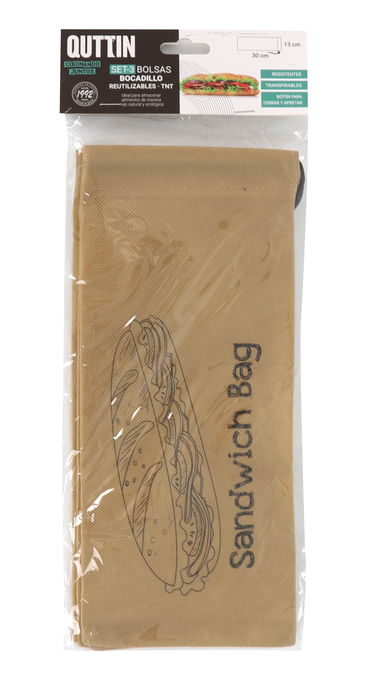 Quttin Set 3 Bolsas Bocadillo Reutilizables TNT 13 x 30 cm (36 Unidades)