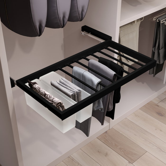 Emuca Kit de 7 varillas pantalonero, 2 bandejas y bastidor de guías, Módulo 900mm, Negro texturizado