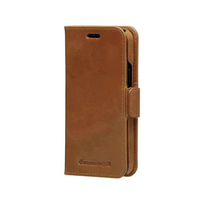 Dbramante1928 Lynge Funda Cuero Cartera para iPhone 12 Mini, Color Bronceado, Soporte de Sobremesa y Bolsillos para Tarjetas