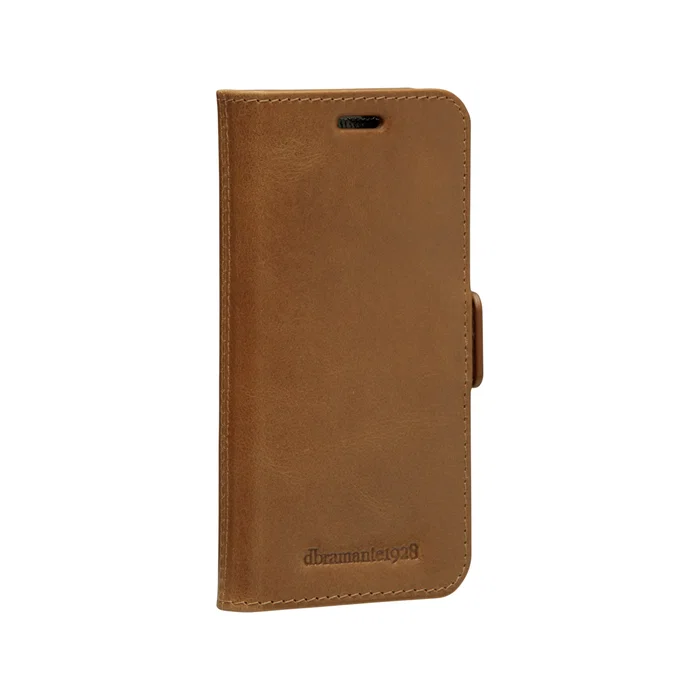 Dbramante1928 Lynge Funda Cuero Cartera para iPhone 12 Mini, Color Bronceado, Soporte de Sobremesa y Bolsillos para Tarjetas