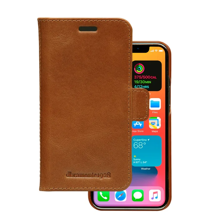 Dbramante1928 Lynge Funda Cuero Cartera para iPhone 12 Mini, Color Bronceado, Soporte de Sobremesa y Bolsillos para Tarjetas