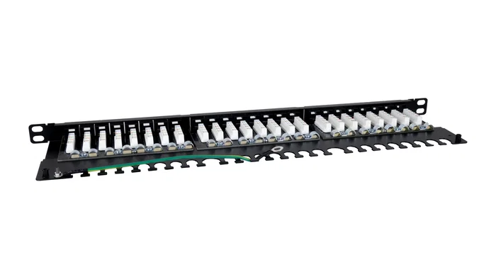 Phasak PU 4811 Panel de parcheo 24 puertos Cat.6A UTP RJ45 para montaje en rack 19" (0.5U), organizador de cables trasero, negro