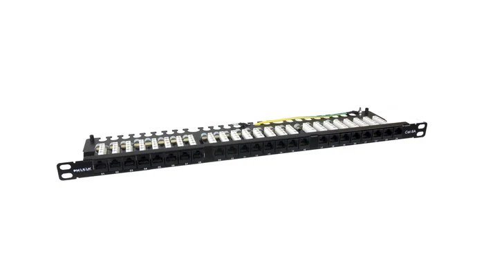 Phasak PU 4811 Panel de parcheo 24 puertos Cat.6A UTP RJ45 para montaje en rack 19" (0.5U), organizador de cables trasero, negro