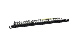 Phasak PU 4811 Panel de parcheo 24 puertos Cat.6A UTP RJ45 para montaje en rack 19" (0.5U), organizador de cables trasero, negro