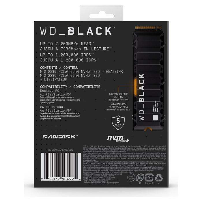 WD_BLACK SN850X SSD NVMe M.2 8TB con Disipador - PCI Express 4.0, Velocidad Lectura 7300 MB/s, Escritura 6600 MB/s