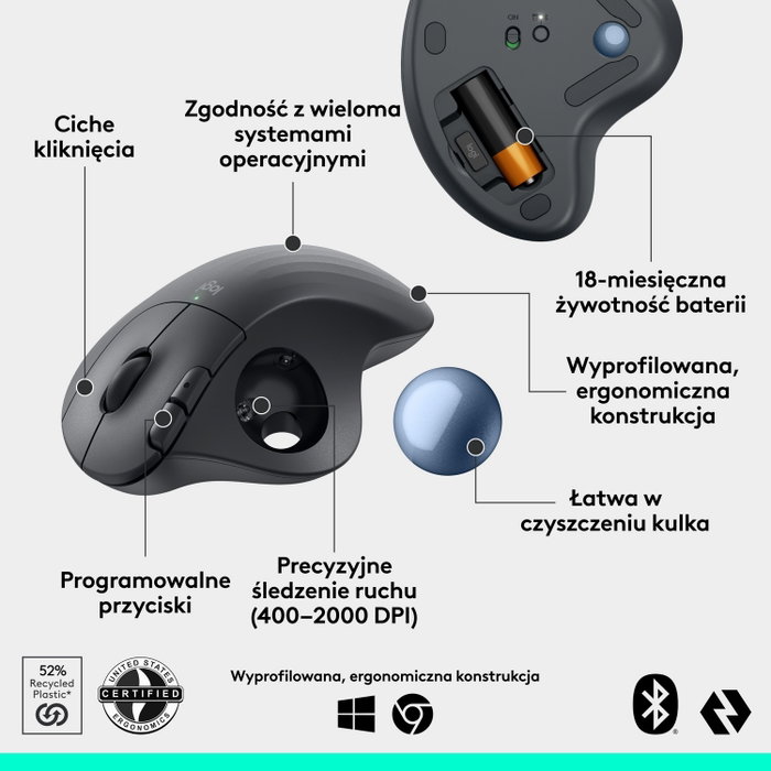 Logitech ERGO M575S Trackball Inalámbrico Ergonómico, Grafito y Azul