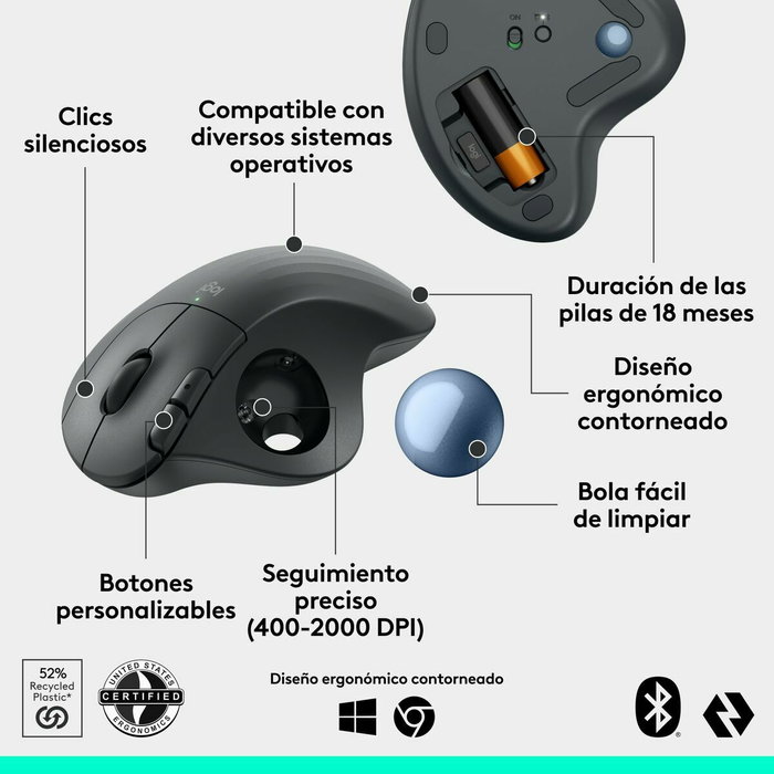 Logitech Ergo M575S Ratón Trackball Inalámbrico Grafito y Azul