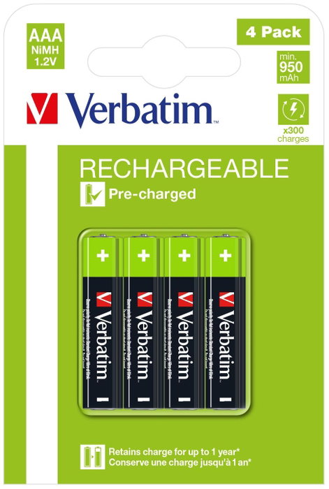 Verbatim Baterías Recargables AAA HR03 950mAh 1,2V NiMH Pack de 4 Verbatim Baterías Recargables AAA HR03 950mAh 1,2V NiMH Pack de 4