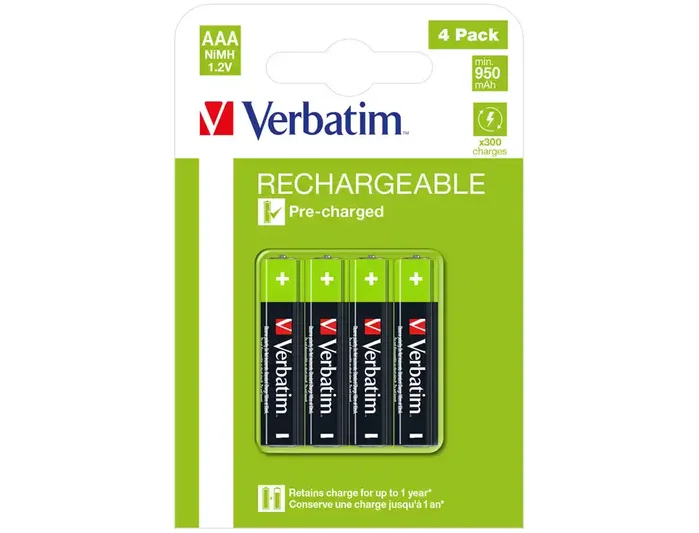 Verbatim Baterías Recargables AAA HR03 950mAh 1,2V NiMH Pack de 4 Verbatim Baterías Recargables AAA HR03 950mAh 1,2V NiMH Pack de 4