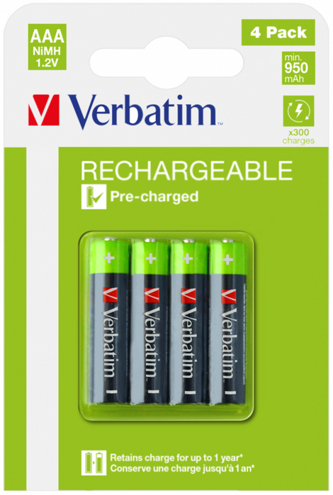 Verbatim Baterías Recargables AAA HR03 950mAh 1,2V NiMH Pack de 4 Verbatim Baterías Recargables AAA HR03 950mAh 1,2V NiMH Pack de 4