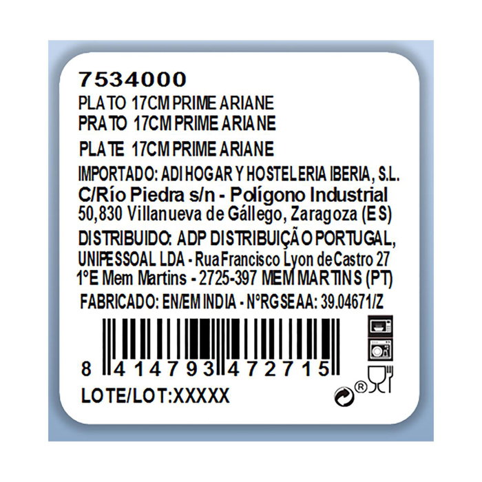 Plato Llano Porcelana Prime Ariane 17 cm