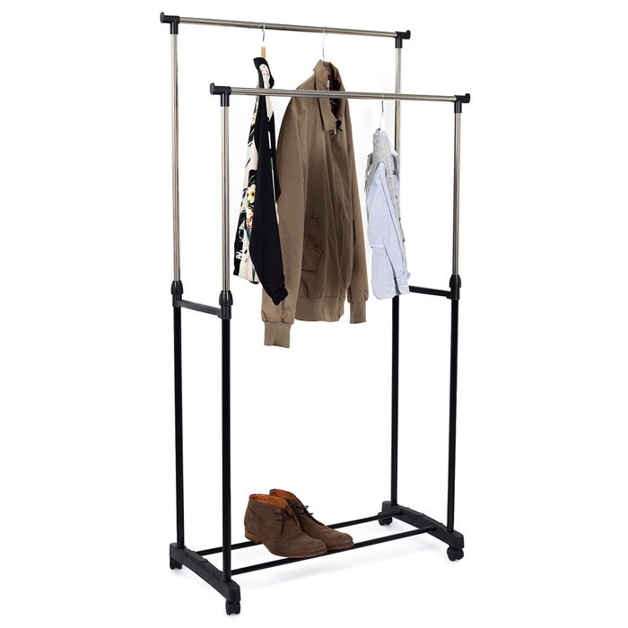 Je cherche une Idee Perchero Barra Doble Con Ruedas Ajustable En Altura 80x43 cm H 90-160 cm