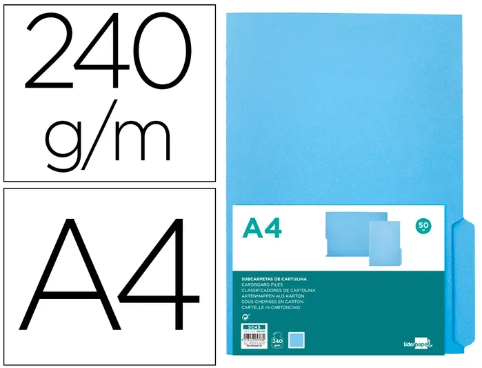 Liderpapel Subcarpeta de cartulina con pestaña derecha Din A4 Azul Liderpapel Subcarpeta de cartulina con pestaña derecha Din A4 Azul