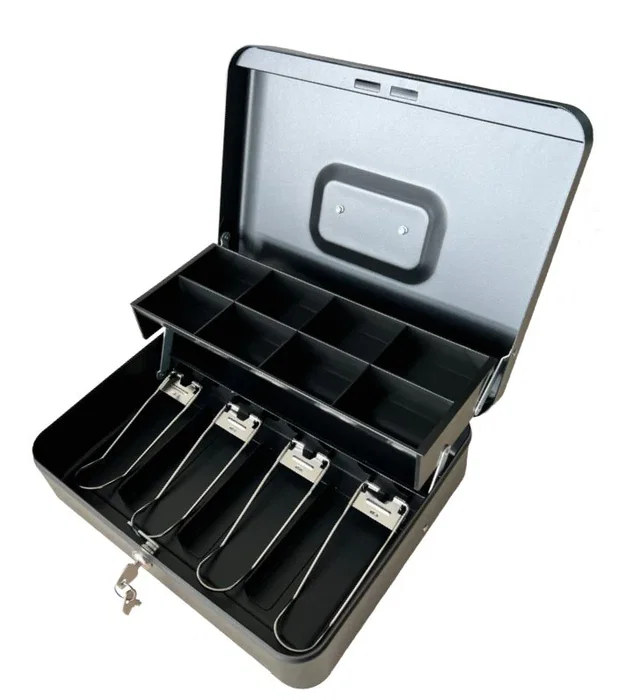 Premier CB-48 Cajón Portamonedas Manual, Negro, Metal, con 4 Compartimentos para Billetes y 8 para Monedas, Bloqueo de Teclado, Dimensiones 325 x 270 x 125 mm