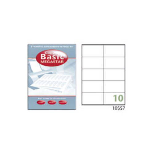 Megastar LP4MS-10557 Caja 100 Hojas Etiquetas Blancas Multiusos 105x57mm para Laser, Inyección de Tinta y Fotocopiadoras Adhesivo Permanente