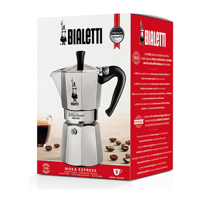 Bialetti Cafetera Italiana Moka Express 9 Tazas 0.55L Aluminio Color Negro y Plata