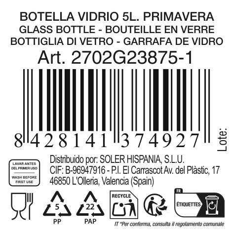 La Mediterranea Botella de Vidrio Primavera 5L con Grifo y Tapón