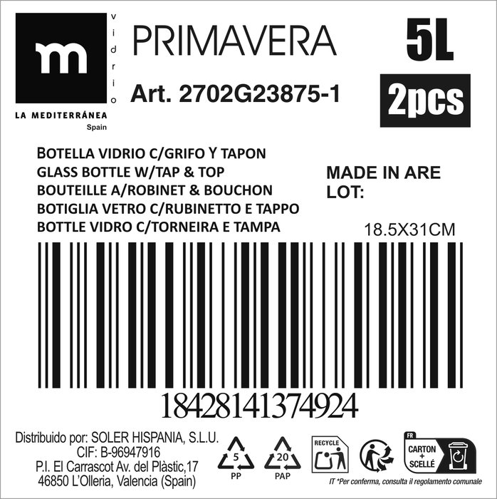La Mediterranea Botella de Vidrio Primavera 5L con Grifo y Tapón