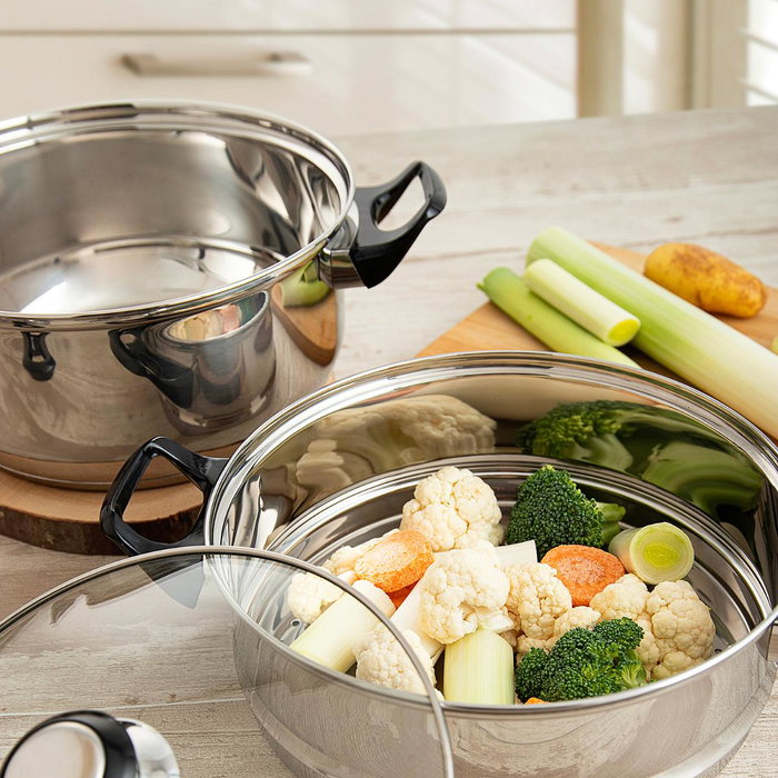 Set Vaporera, Cacerola y Cazo Acero Inox Habitat Quid 22 cm, 16 cm