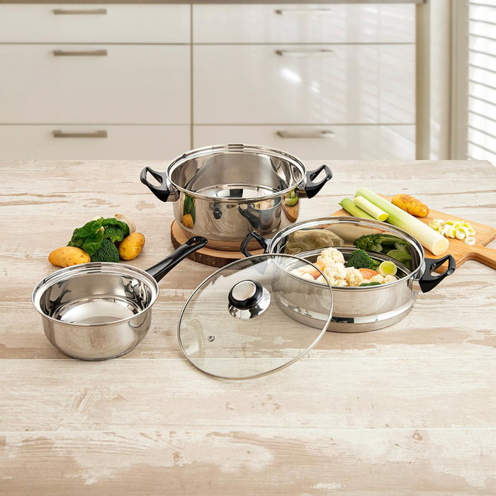 Set Vaporera, Cacerola y Cazo Acero Inox Habitat Quid 22 cm, 16 cm