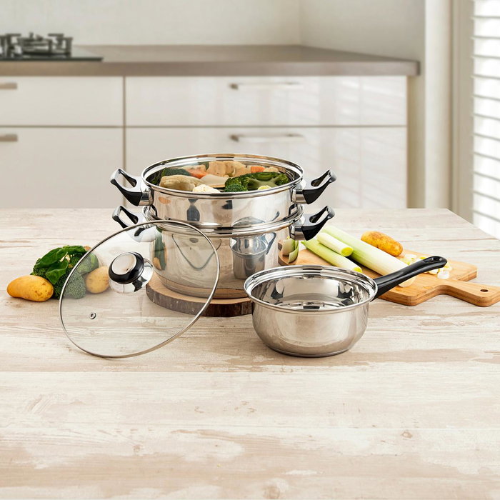 Set Vaporera, Cacerola y Cazo Acero Inox Habitat Quid 22 cm, 16 cm