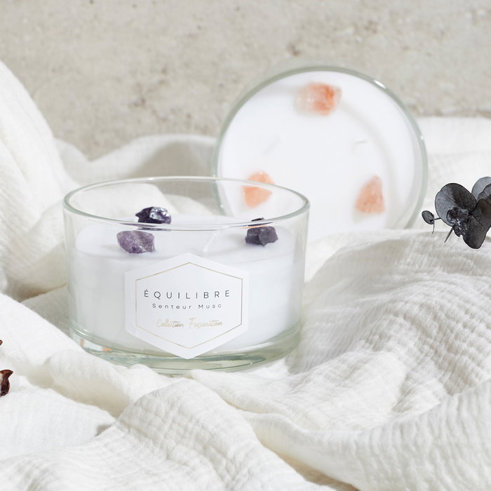 Home Deco Factory Vela Perfumada con Piedras 3 Mechas, 280g, Duracion 18h, 13 x 7.8 cm - Surte de Aromas (Jazmin, Ambar, Almizcle)