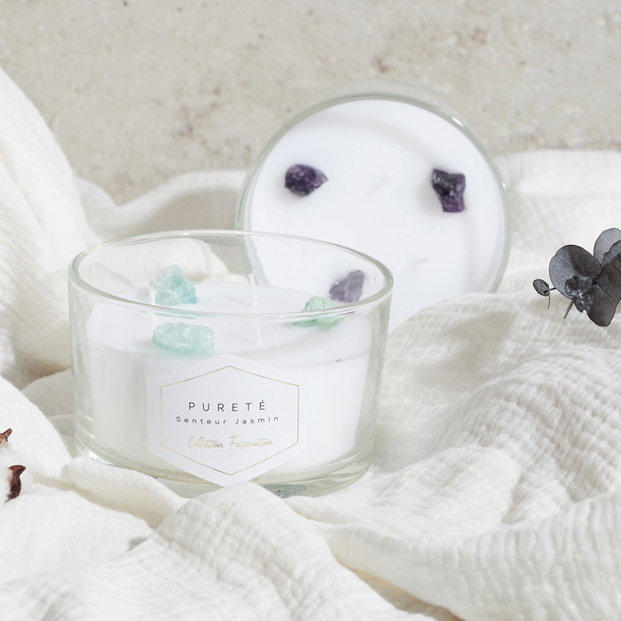 Home Deco Factory Vela Perfumada con Piedras 3 Mechas, 280g, Duracion 18h, 13 x 7.8 cm - Surte de Aromas (Jazmin, Ambar, Almizcle)