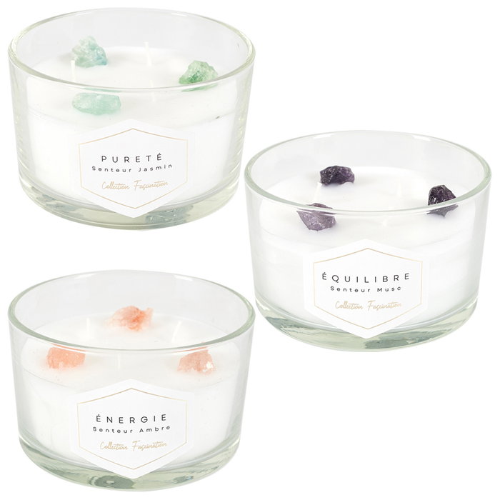 Home Deco Factory Vela Perfumada con Piedras 3 Mechas, 280g, Duracion 18h, 13 x 7.8 cm - Surte de Aromas (Jazmin, Ambar, Almizcle)