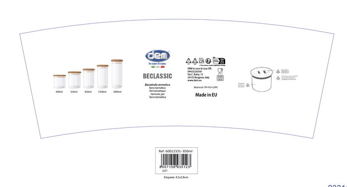 Beclassic Tarro Hermético 0,85L 10,8 x 13,6 cm (12 Unidades)