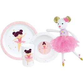 Fun House FUN3524550065748 Vajilla Infantil Bailarina: Plato Hondo Ø16 cm, Plato Llano Ø22 cm, Vaso 220 ml y Peluche Musical 40 cm