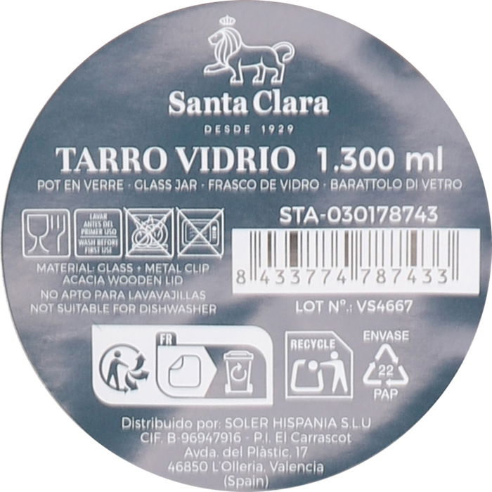 Inde - Tarro de Vidrio con Tapón de Acacia, 1300 ml (Capacidad) 25 cm de alto x 10 cm de ancho x 10 cm de largo, Santa Clara (12 Unidades)