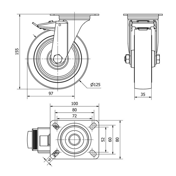 Ruedas Alex Rueda giratoria de goma con placa y freno azul 130 kg Ø 12,5 cm