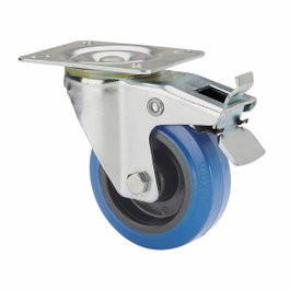 Ruedas Alex Rueda giratoria de goma con placa, eje de rodillos y freno, azul, 130 kg, Ø 12,5 cm