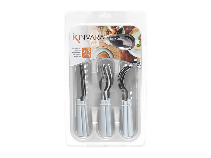KINVARA Set de 16 Cubiertos con Cubertero Blanco Plata-Blanco