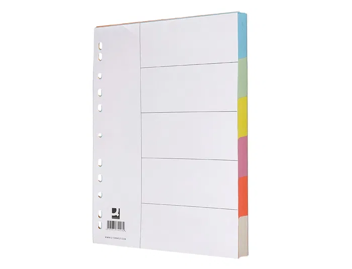 Q-connect Separadores Din A4 Multitaladro Cartulina, Juego de 6 Separadores con Pestañas en Colores Pastel, para Archivar, Incluye Carátula con Índice